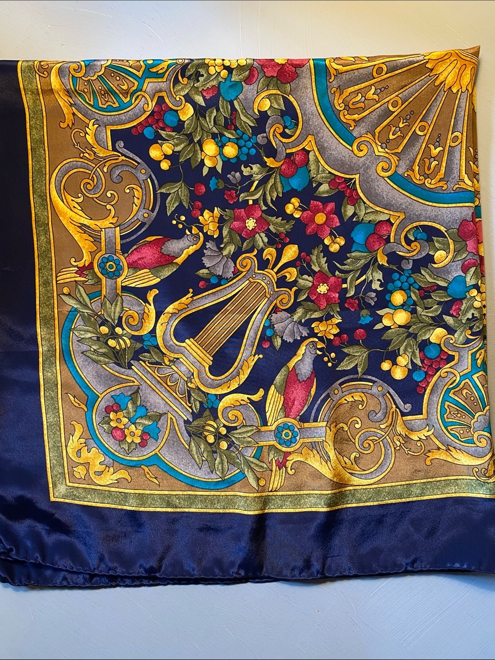 Ornate Floral Scarf with Lyre and Exotic Birds